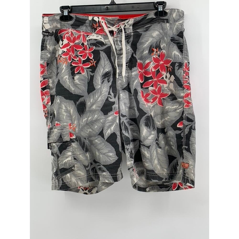 SOLITUDE Men's Hawaiian Tropical Floral Black/Red Grey Swim Board Shorts SZ 38
